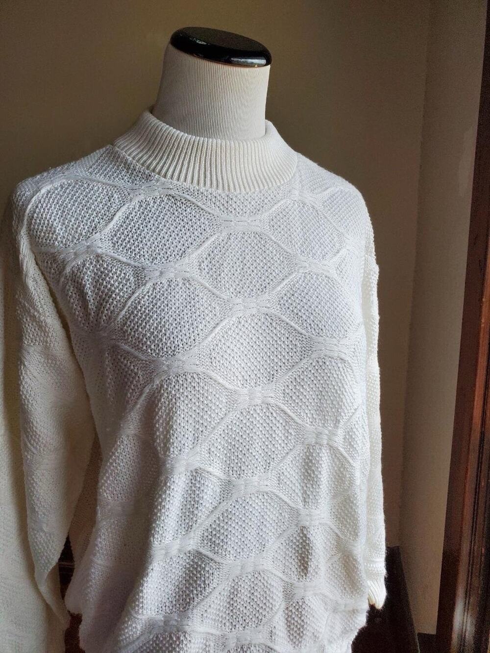 VTG ORVIS 1980s SWEATER Textured Fisherman PATTERN White Mock Neck USA XL